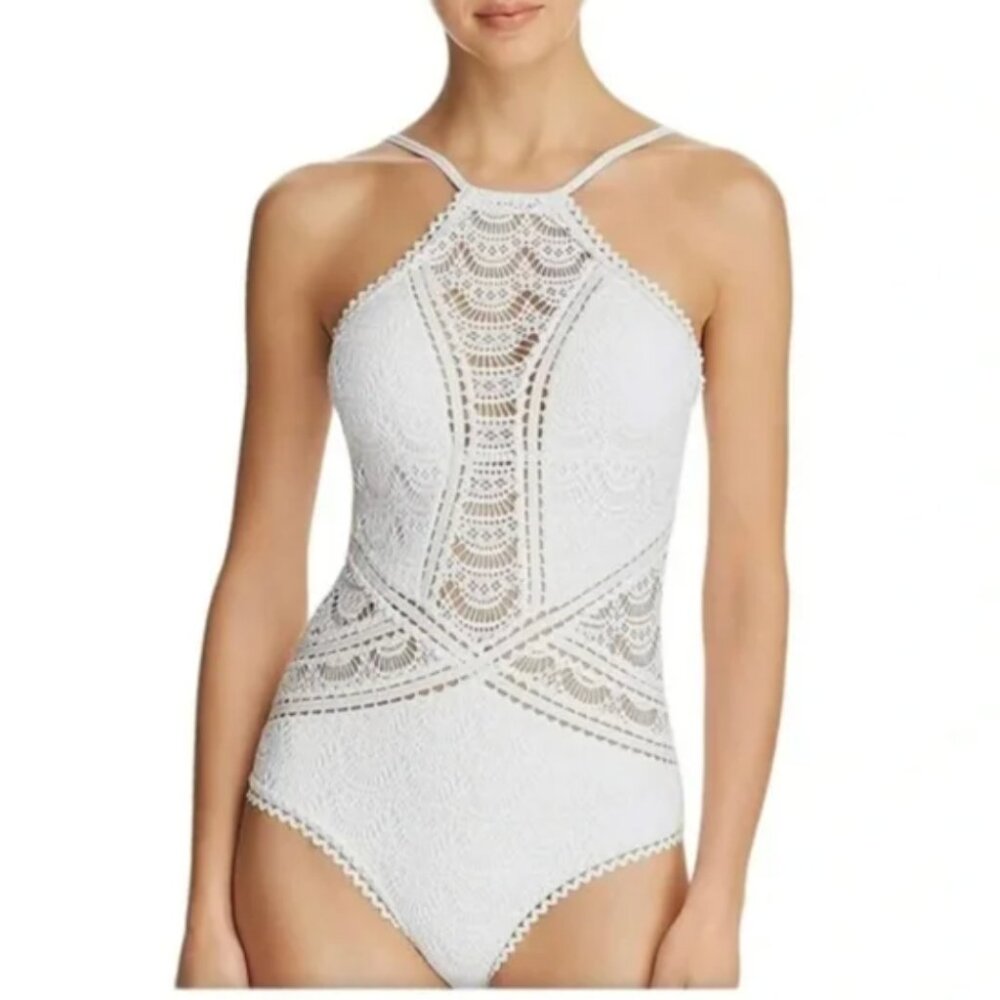 Becca Swim White Boho Crochet Halter One Piece Swimsuit Size  M
